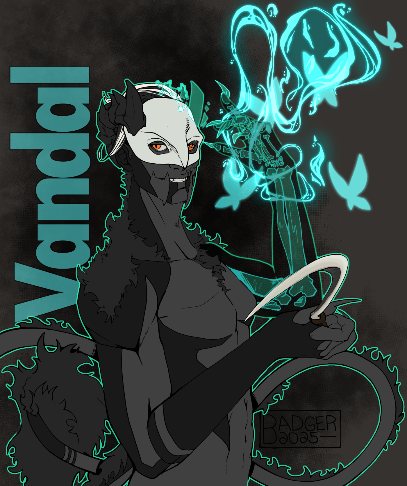 a fetchling nephilim necromancer covered in a curly black fuzz, he's missing one arm and one horn, having replaced the arm with glowing green bone